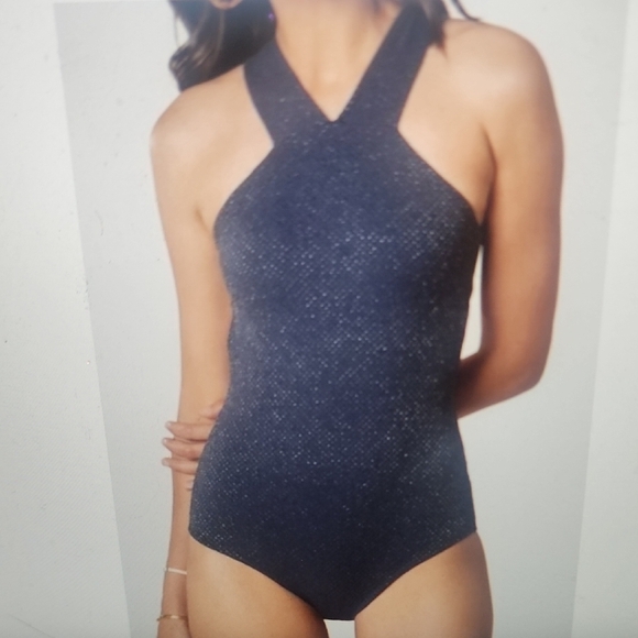 Shoshanna Navy & Silver High Neck Cross Back One-Piece Swimsuit Size 4 - Picture 3 of 6